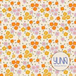 May include: A repeating floral pattern with small flowers in orange, yellow, and lilac on a cream backdrop. Green stems and leaves are also present. The design includes the text "YUNA Premium Pattern" in a white circle.