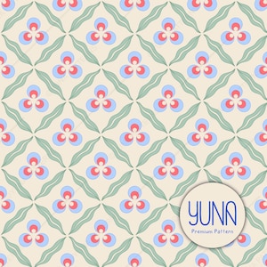 May include: A repeating pattern featuring stylized floral and leaf motifs in a symmetrical arrangement. The design incorporates light blue, red, and green elements on a cream background. The pattern includes the text "YUNA Premium Pattern" in a circular logo.