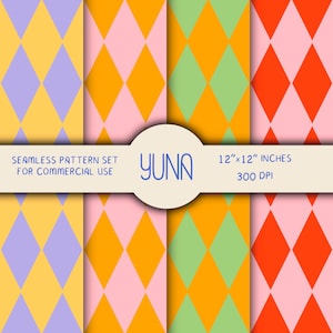 以下が含まれることがあります： さまざまな組み合わせのカラフルなひし形が特徴の、商用利用向けのシームレスパターンセット。パターンには、黄色と紫、オレンジとピンク、緑とオレンジ、赤とピンクが含まれます。「YUNA」の文字は青色です。