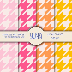 May include: A seamless pattern set for commercial use featuring houndstooth designs in pink, orange, and yellow. The patterns are set against a cream background. The image includes the text "YUNA" and "12"x12" INCHES 300 DPI".