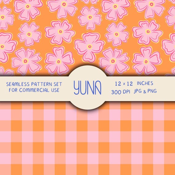 Retro Floral Seamless Pattern Set | Pink & Orange Gingham Digital Paper (12x12 Inches, Instant Download)