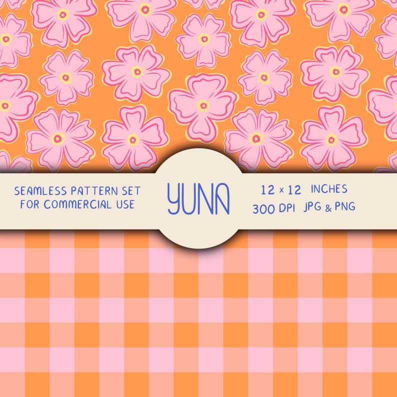 Retro seamless pattern set featuring large pink flowers on a warm orange background with a coordinating orange and blush pink gingham check pattern. Hand-drawn digital paper for fabric, quilting, apparel, stationery, scrapbook, wrapping paper, wallpaper, home decor, and commercial surface design projects.