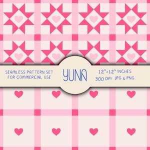 Può includere: Un set di motivi senza cuciture con un design ripetitivo di cuori rosa e forme a stella su uno sfondo rosa chiaro e bianco. Il testo "YUNA" è in un cerchio, con il testo "SEAMLESS PATTERN SET FOR COMMERCIAL USE" e "12"x12" INCHES 300 DPI JPG & PNG".