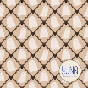 May include: A repeating pattern featuring white ghost illustrations with small black eyes and mouths, set against a tan background. The ghosts are arranged within a dark brown lattice design. The image includes the text "YUNA Premium Pattern".
