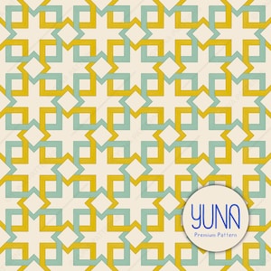 May include: Geometric pattern featuring interlocking shapes in yellow and teal on a cream background. The design includes star-like formations and square elements. A circular logo with the text "YUNA Premium Pattern" is in the lower right corner.