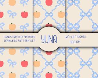 May include: A seamless pattern set featuring hand-painted designs. The patterns include illustrations of red apples, peach-colored apples, and light blue bows on a cream background. The text "YUNA" and "12"x12" INCHES 300 DPI" are also visible.