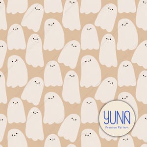 Puede incluir: Patrón repetitivo de fantasmas blancos sonrientes sobre un fondo beige. Cada fantasma tiene un diseño simple y minimalista con dos ojos pequeños y una boca curvada. El patrón es adecuado para productos temáticos de Halloween.