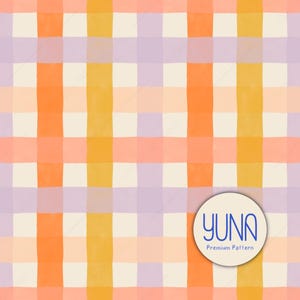 May include: A colorful, repeating pattern featuring a grid of squares in shades of orange, yellow, lavender, and cream. The design has a watercolor effect. A circular logo with the text "YUNA Premium Pattern" is in the lower right corner.