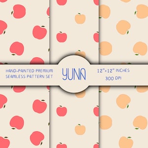 Conjunto de padrões sem emendas de maçã de outono - Papel digital de frutas vermelhas e amarelas pintadas à mão para scrapbooking de outono, tecido, artesanato - Uso comercial