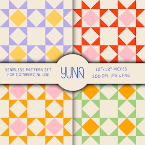 May include: A seamless pattern set for commercial use. The image shows four different colour variations of a geometric design. Each pattern features squares and diamond shapes in colours like orange, pink, green, yellow, and purple. The patterns are 30.48 cm x 30.48 cm.