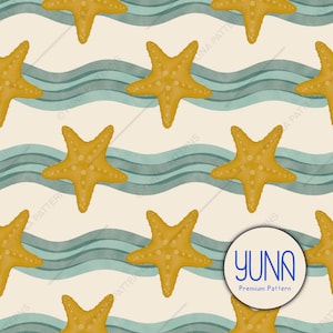 May include: A repeating pattern featuring golden starfish and teal-colored wavy lines on a cream background. The starfish have small, dark spots. The design is reminiscent of a beach or ocean theme.