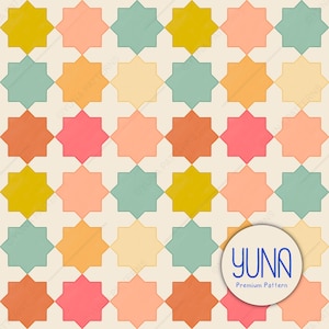 May include: A repeating pattern of eight-pointed stars in various colors, including yellow, orange, pink, and teal, on a cream background. The design is symmetrical and geometric, with the stars evenly spaced. The image includes the text "YUNA Premium Pattern".