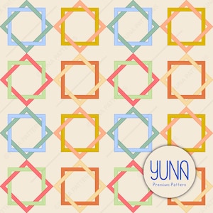 May include: Geometric pattern featuring interlocking squares and diamond shapes in pastel colors of blue, green, pink, orange, and yellow. The design is set against a cream background. The image includes a circular logo with the text "YUNA Premium Pattern."