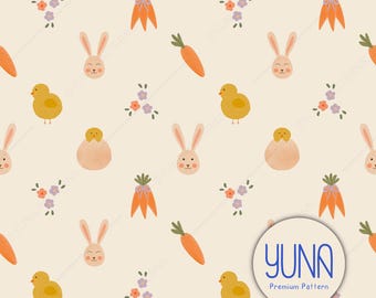 Easter Seamless Pattern for Nursery Fabric, Kids Design – Soft Pastel Bunny, Chick, Carrots  Download
