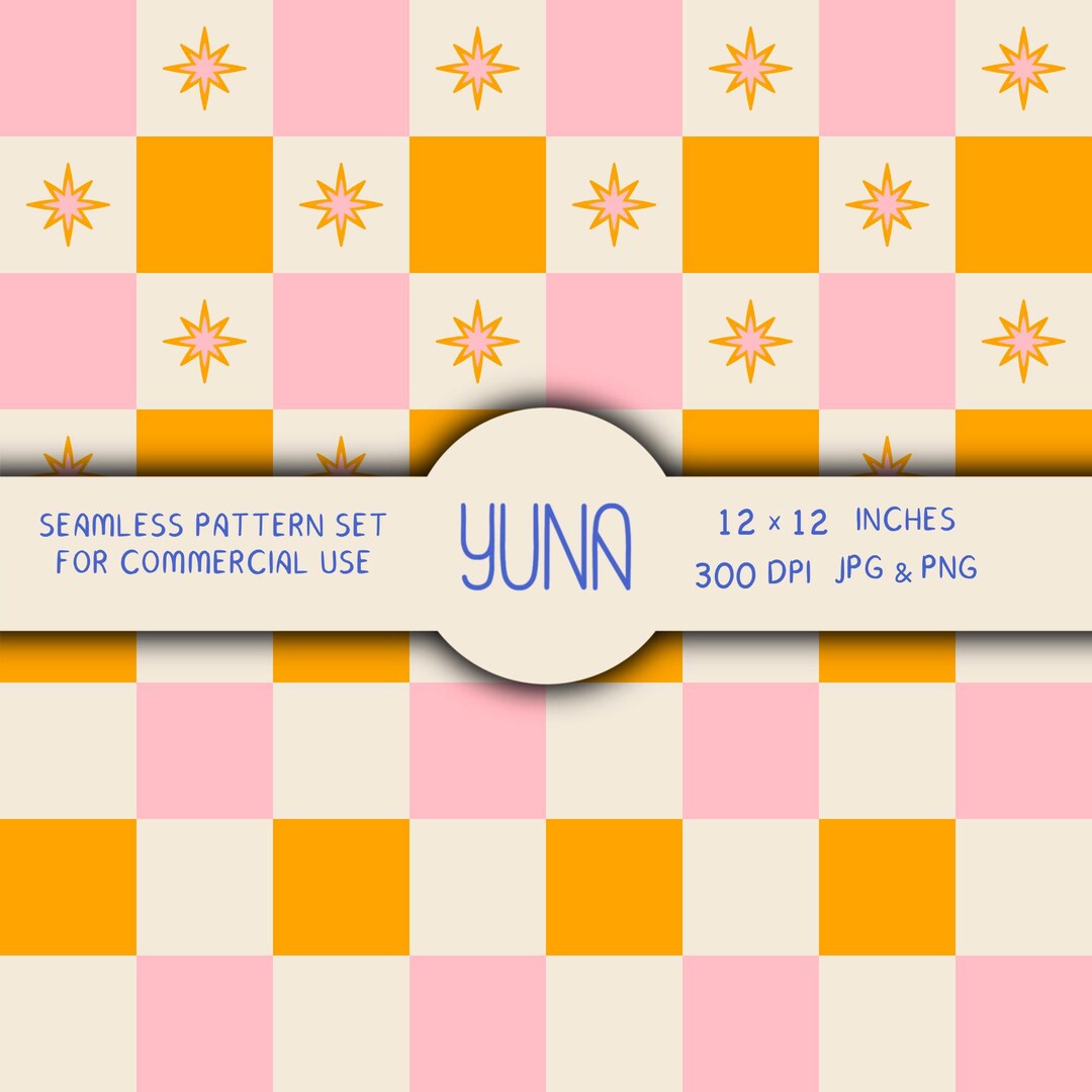 Y2k Pattern Retro Checkerboard Star Seamless Pattern Set, Pink Orange Digital Paper ...