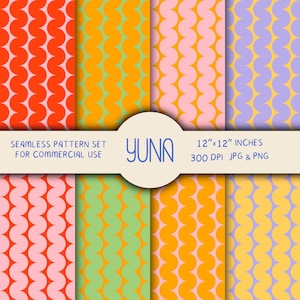 Op de afbeelding: Een set van acht naadloze patronen met een golvend ontwerp in verschillende kleuren, waaronder oranje, groen, roze, paars en geel. De patronen zijn 30,48 cm x 30,48 cm. De afbeelding bevat de tekst "YUNA" en is voor commercieel gebruik.