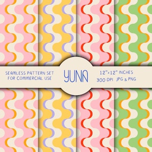Puede incluir: Un conjunto de patrones sin costuras con diseños ondulados en rosa, amarillo, rojo y verde. Los patrones están dispuestos en una cuadrícula, con el texto "YUNA" y "SEAMLESS PATTERN SET FOR COMMERCIAL USE". Cada patrón mide 30,48 cm x 30,48 cm.