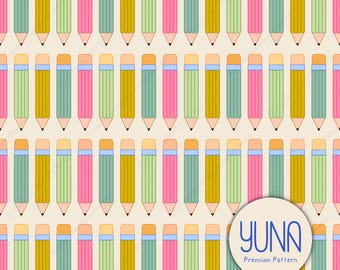 May include: A repeating pattern of colorful pencils in shades of pink, green, and yellow on a cream background. Each pencil has a light blue eraser and a sharpened tip. The design includes the text "YUNA Premium Pattern" in a white circle.