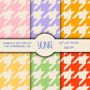 May include: A seamless pattern set for commercial use featuring a houndstooth design in various colors: pink, purple, yellow, green, and orange. Each pattern is 12" x 12" inches and 300 DPI. The brand name "YUNA" is also visible.