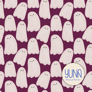 May include: A repeating pattern of smiling white ghosts on a dark purple background. Each ghost has a simple, friendly face. The design is suitable for Halloween-themed products.