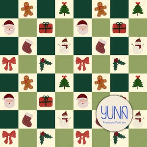 Pode incluir: Um padrão repetitivo festivo com ilustrações natalinas. O design inclui bonecos de gengibre, árvores de Natal, rostos de Papai Noel, presentes embrulhados, meias, bonecos de neve, laços e galhos de azevinho, em um fundo quadriculado de quadrados verdes e creme. O texto "YUNA Premium Pattern" também é visível.