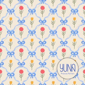 Könnte beinhalten: Ein sich wiederholendes Muster mit roten Rosen, gelben Tulpen und blauen Schleifen auf cremefarbenem Hintergrund. Die floralen Elemente sind in einem gitterartigen Design angeordnet, was eine zarte Ästhetik erzeugt. Geeignet für Stoffe oder Tapeten.
