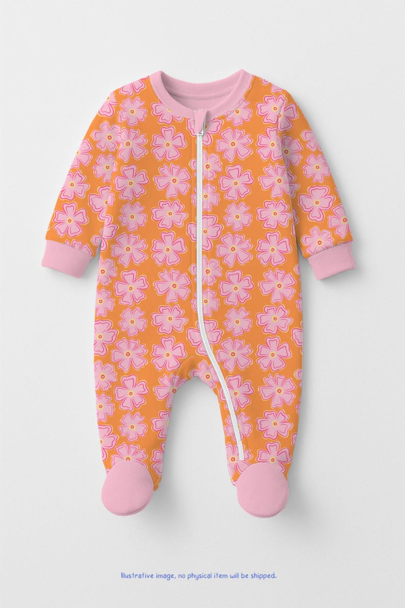 May include: A long-sleeve footed sleeper with a zipper closure, featuring an orange background with a repeating pattern of pink flowers with yellow centers. The garment has solid light pink ribbed trim at the neckline and sleeve cuffs.