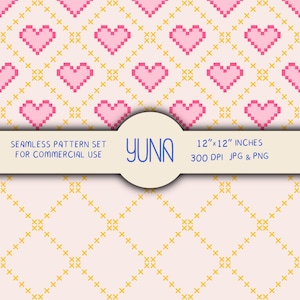 May include: A seamless pattern design featuring pixelated pink hearts on a light pink background with yellow cross-stitch accents. The design includes the text "SEAMLESS PATTERN SET FOR COMMERCIAL USE" and "YUNA". The pattern is 12"x12" inches and available in JPG & PNG formats.