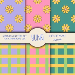 Puede incluir: Un conjunto de seis patrones sin costuras. Tres presentan flores de margarita amarillas sobre fondos morados, rosas y turquesas. Los otros tres tienen un diseño de cuadrícula en colores coordinados. Los patrones miden 30,48 cm x 30,48 cm y 300 DPI.