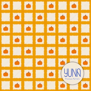 Herbst Kürbis Gingham digitales Papier - nahtloser gelb karierter Hintergrund, kommerzielle Nutzung