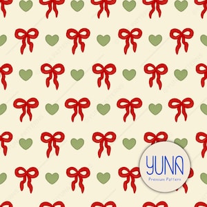 May include: A repeating pattern featuring red bows and green hearts on a cream background. The bows are tied and the hearts are simple shapes. The pattern is from YUNA Premium Pattern.