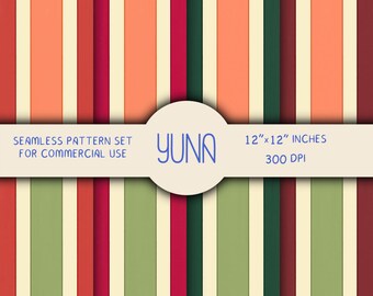 Peut inclure: Ensemble de motifs sans couture pour un usage commercial. Le motif présente des rayures verticales dans les tons orange, rouge, vert et crème. Le texte "YUNA" est en bleu, et les dimensions sont de 30,48 cm x 30,48 cm, 300 DPI.