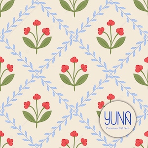 May include: A repeating pattern featuring red flowers with green leaves and blue vines on a cream background. The flowers are arranged in a grid pattern, with the vines forming a diamond shape. The design has a vintage, floral aesthetic.
