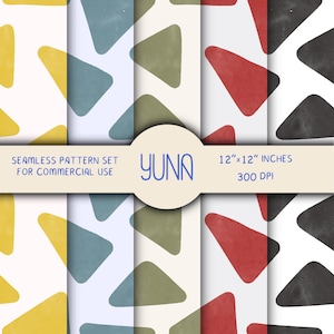 May include: A seamless pattern set with repeating abstract triangles in yellow, blue, olive green, red, and black on a white background. The text reads "YUNA" and "12"x12" INCHES 300 DPI". The set is for commercial use.
