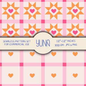 May include: A seamless pattern set featuring a repeating design of orange starbursts with pink hearts on a pink and white checkered background. The text "YUNA" is in a circle, with the text "SEAMLESS PATTERN SET FOR COMMERCIAL USE" and "12"x12" INCHES 300 DPI JPG & PNG".
