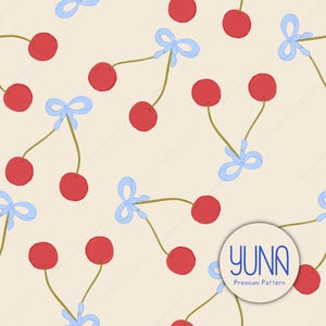 Kirsche und Bogen Musterdesign, Kokette Obst Digitales Papier, Rotes Band-Repetier-Design, Verspielter Sommer-Hintergrund, Kommerzielle Nutzung