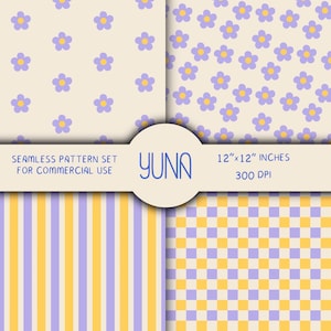 Peut inclure: Un ensemble de motifs sans couture avec quatre designs. Deux motifs présentent des fleurs violettes sur un fond crème. Les deux autres motifs sont des rayures verticales et un motif en damier jaune et violet. Le texte indique "SEAMLESS PATTERN SET FOR COMMERCIAL USE" et "YUNA".