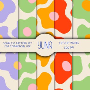 Può includere: Un set di motivi senza cuciture per uso commerciale. Il design presenta motivi floreali astratti colorati in tonalità di viola, verde, arancione e rosso, con accenti rosa. Ogni motivo misura 30.48 cm x 30.48 cm e 300 DPI. Il marchio "YUNA" è visibile.