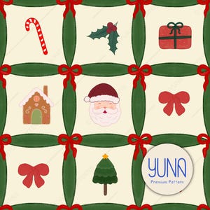 Può includere: Motivo natalizio ripetuto con un bastoncino di zucchero, agrifoglio, un regalo confezionato, una casa di pan di zenzero, Babbo Natale, un fiocco rosso e un albero di Natale. Il design è incorniciato da bordi verdi con fiocchi rossi agli angoli, su sfondo crema.