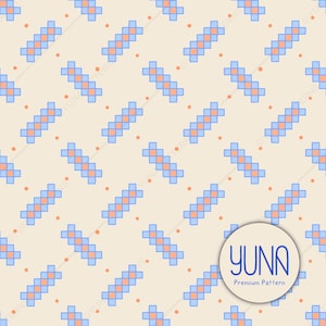 May include: A repeating pattern featuring light blue and orange cross-shaped designs arranged diagonally on a cream background. Small orange dots are scattered throughout. The design includes the text "YUNA Premium Pattern".