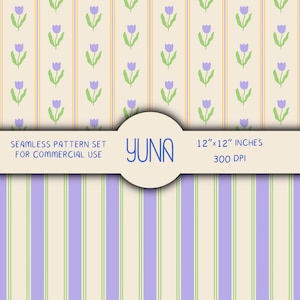 May include: Two seamless pattern designs. One features vertical stripes in lavender and green. The other has a cream background with lavender tulip illustrations and green leaves. The text reads "YUNA" and "12"x12" INCHES 300 DPI".