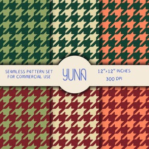May include: A seamless pattern set for commercial use featuring six houndstooth designs in various color combinations. The patterns are 12" x 12" inches and 300 DPI. The designs include green, cream, orange, red, and burgundy.