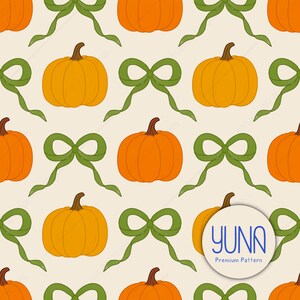 Archivo de patrón sin costuras de lazo verde y calabaza: papel digital acogedor de otoño, diseño de repetición de cosecha otoñal, descarga instantánea para uso comercial