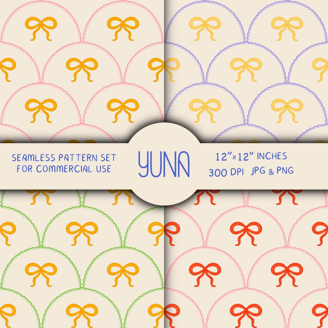 Seamless Ribbon Bow Pattern Set, Pastel Scalloped Digital Paper, Fabric ...