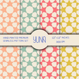 Puede incluir: Un conjunto de ocho patrones sin costuras con diseños geométricos de estrellas en melocotón, verde azulado, rosa y dorado sobre un fondo crema. El texto "HAND-PAINTED PREMIUM SEAMLESS PATTERN SET" y "YUNA" están presentes. Cada patrón mide 30,48 cm x 30,48 cm.