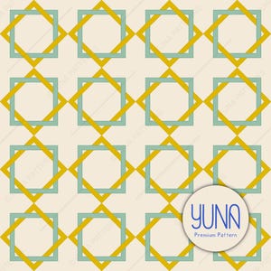 May include: Geometric pattern featuring repeating squares and diamond shapes in teal and gold on a cream background. The design includes a circular logo with the word "YUNA" and the text "Premium Pattern".