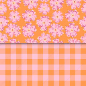 Retro seamless pattern set featuring large pink flowers on a warm orange background with a coordinating orange and blush pink gingham check pattern. Hand-drawn digital paper for fabric, quilting, apparel, stationery, scrapbook, wrapping paper, wallpaper, home decor, and commercial surface design projects.