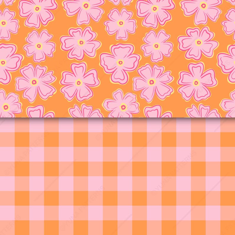Retro seamless pattern set featuring large pink flowers on a warm orange background with a coordinating orange and blush pink gingham check pattern. Hand-drawn digital paper for fabric, quilting, apparel, stationery, scrapbook, wrapping paper, wallpaper, home decor, and commercial surface design projects.