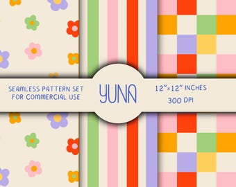 Retro Flowers Seamless Pattern - Bright Checkerboard and Stripes Digital Paper Pack for Commercial Use