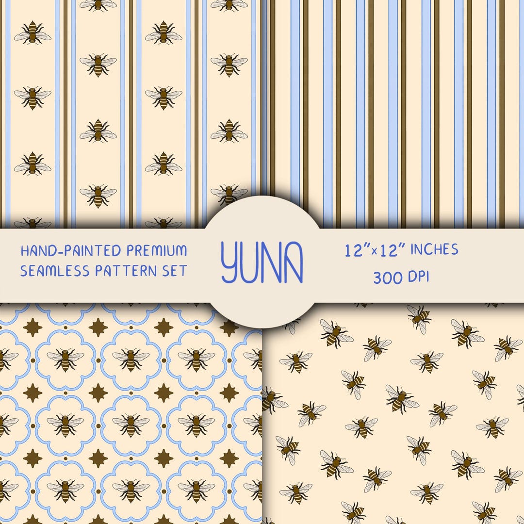 Honey Bee Seamless Pattern Set - Cottagecore Stripes Digital Paper ...